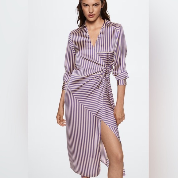 Mango (MNG) Satin Purple & Cream Striped Wrap Dress. Mid Length. Size 8. - Picture 2 of 15